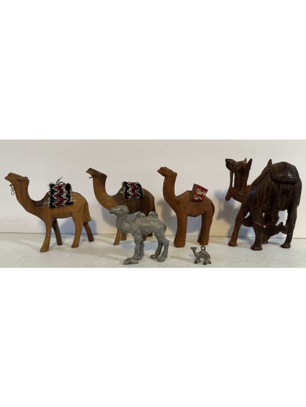 Vintage hand carved wood camel lot 6 souvenir folk art pewter charm Far East old